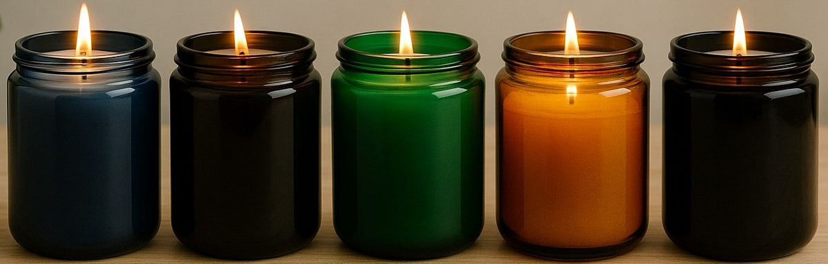 Candles in navy, black, green and amber glass jars