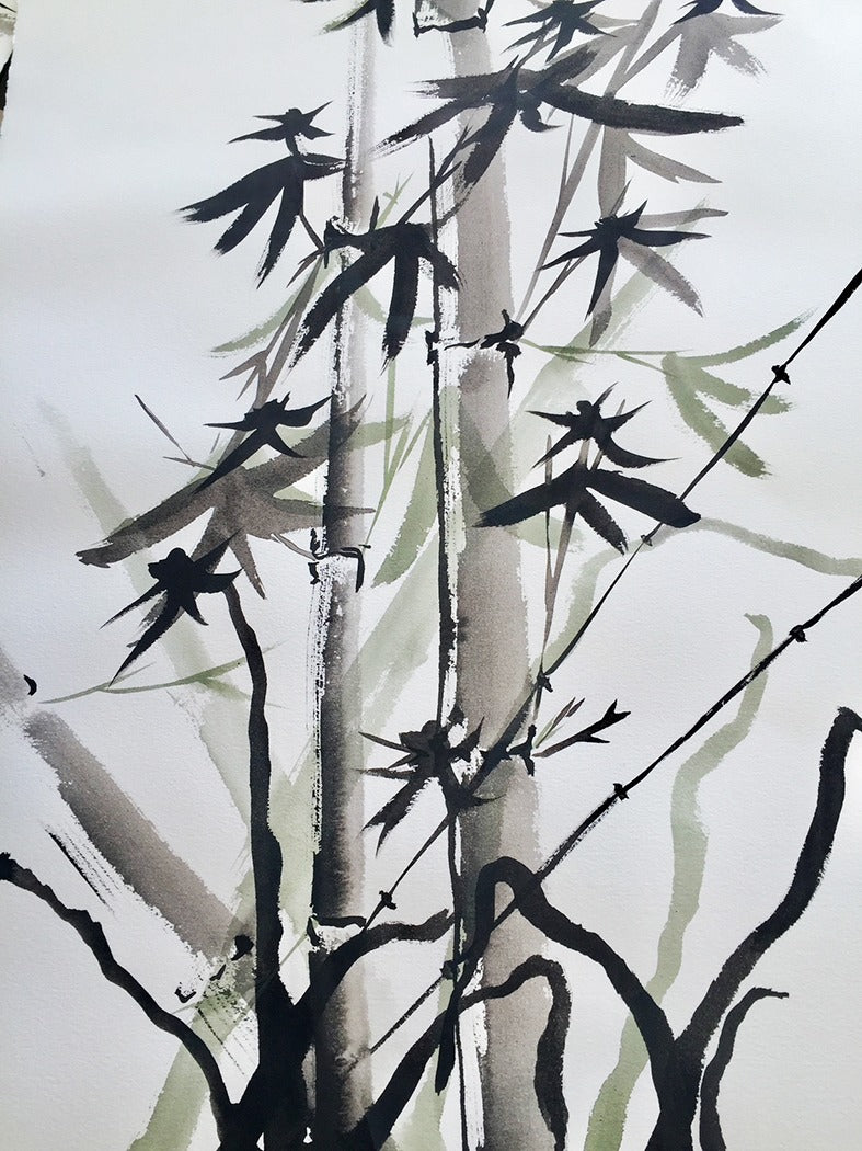 Bamboo II, ink painting of tall bamboo stems with green washes