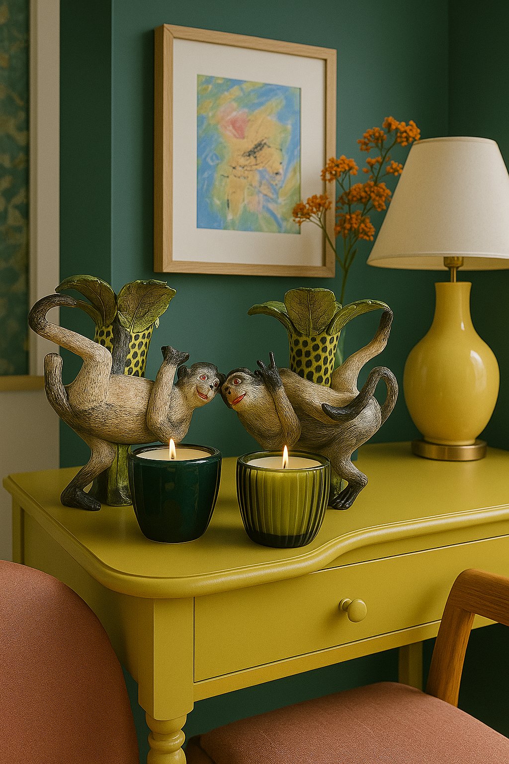 Candles in green pots held by ceramic figures, styled in a room