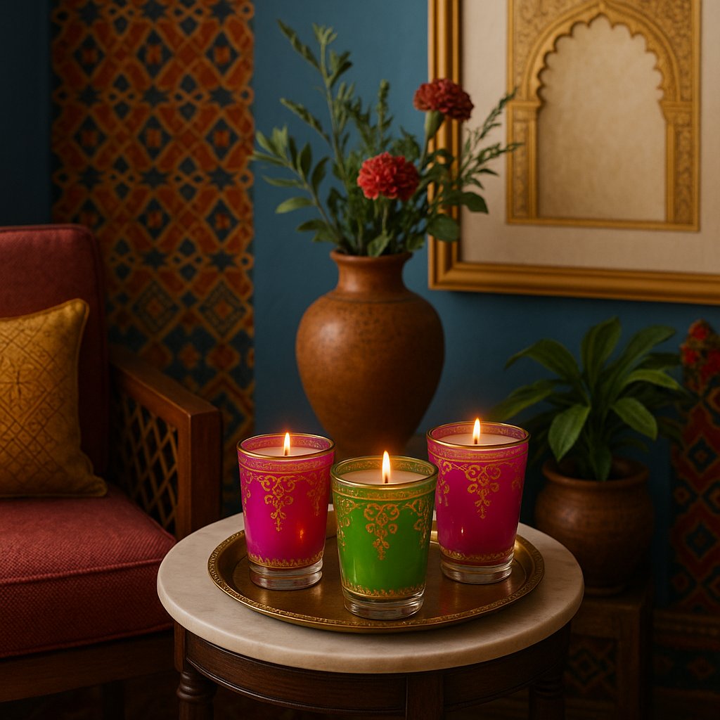 Candles in pink, green and purple glass tumblers, styled in a room
