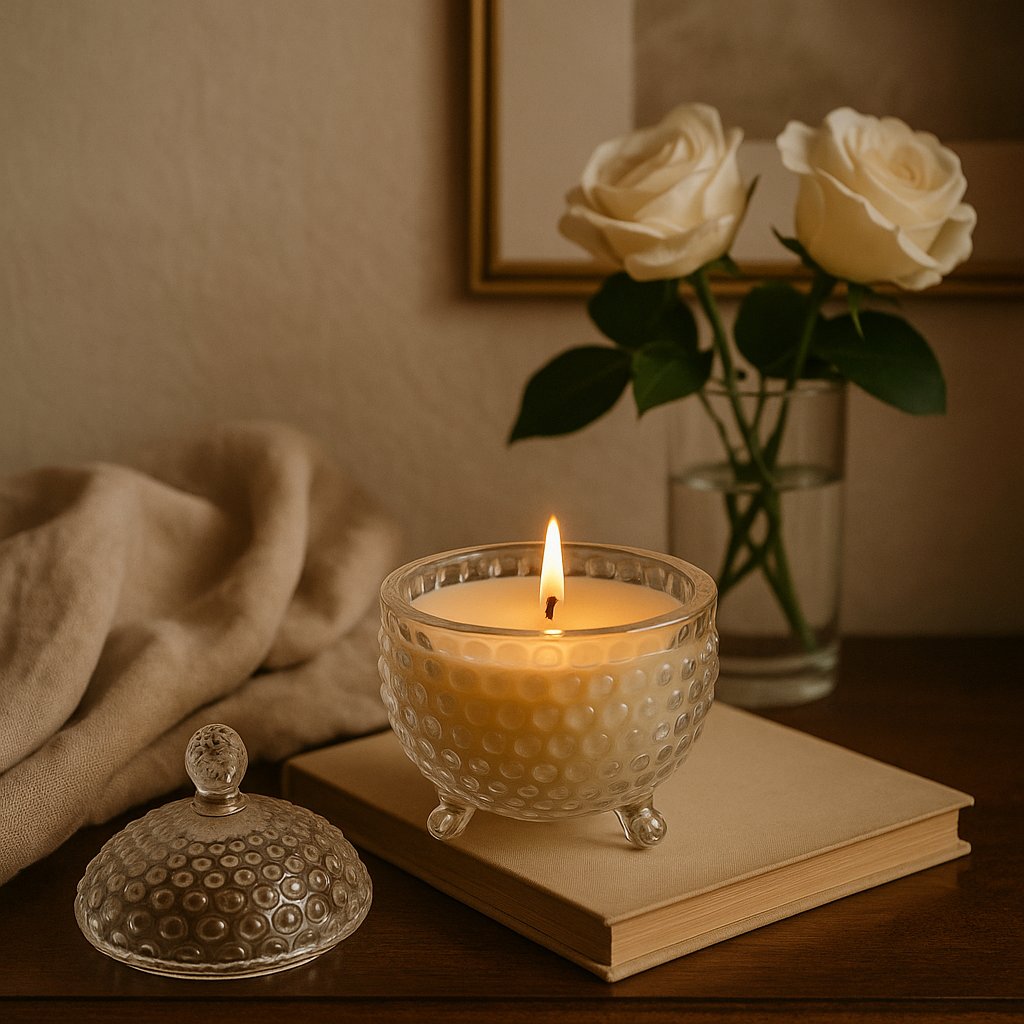 Candle in a lidded crystal bowl, styled in a room