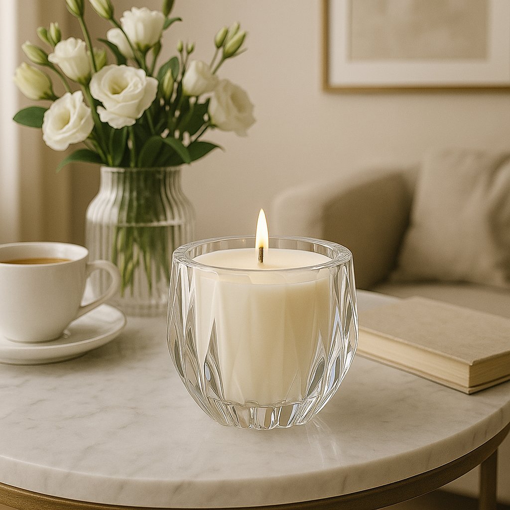 Candle in a cut glass bowl, styled in a room