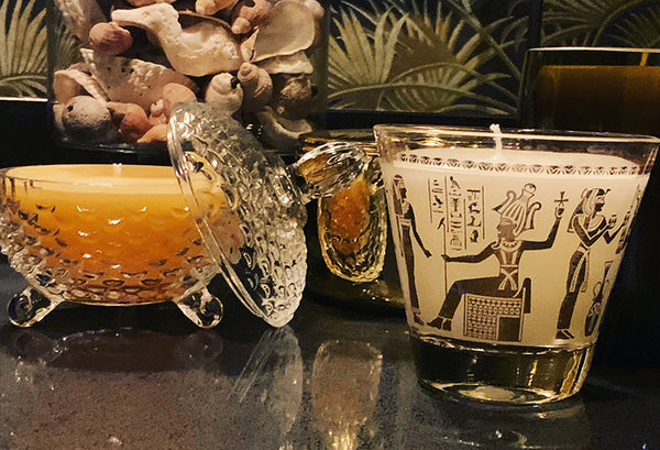 Egyptian tumbler and hobnail dish, shown in a room for scale
