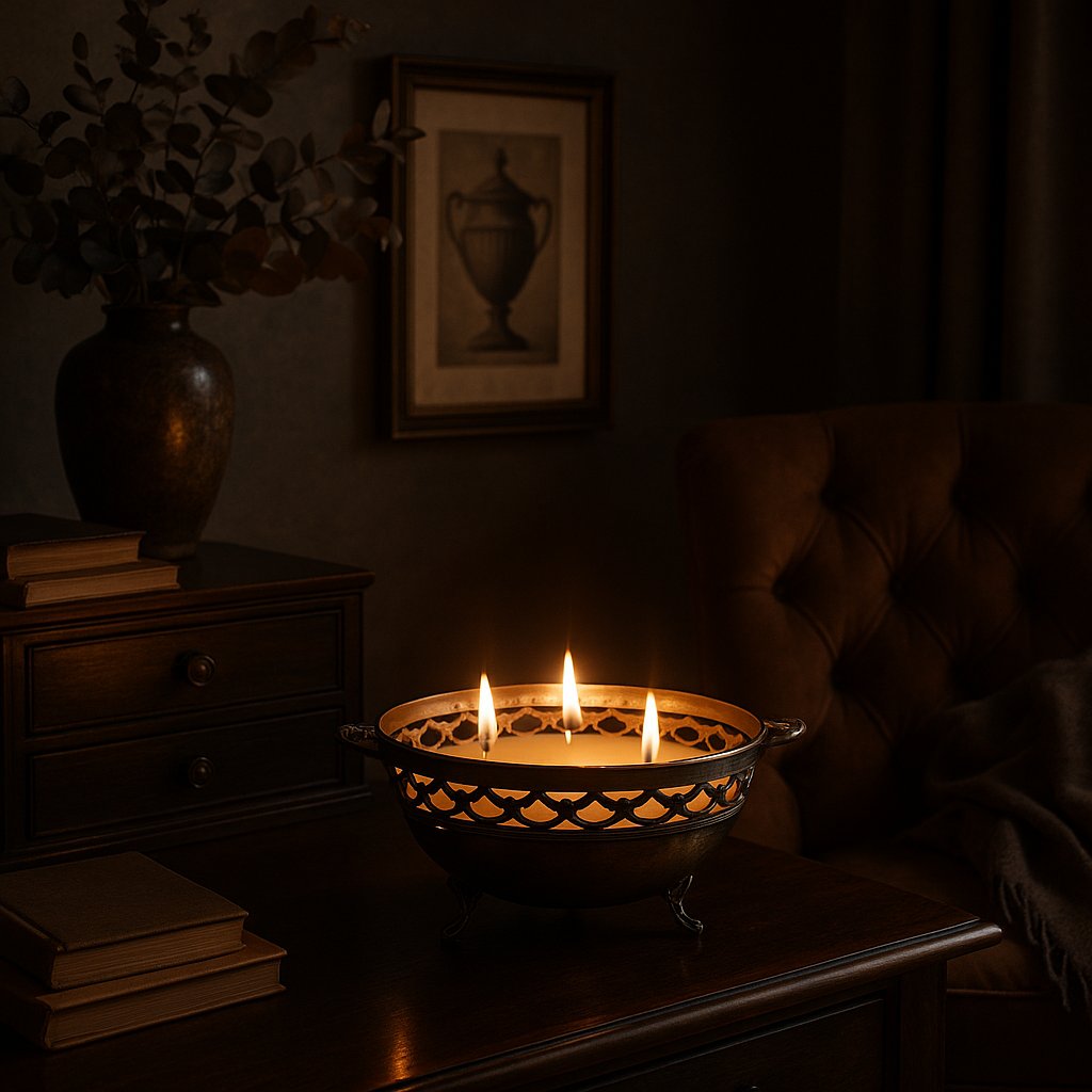 Lit candle in a pierced metal bowl, styled in a room