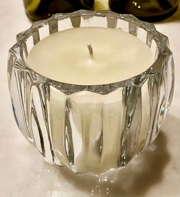 Ribbed crystal candle, shown in a room for scale