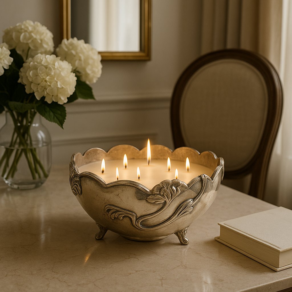 Multi-wick candle in a scalloped silver bowl, styled in a room