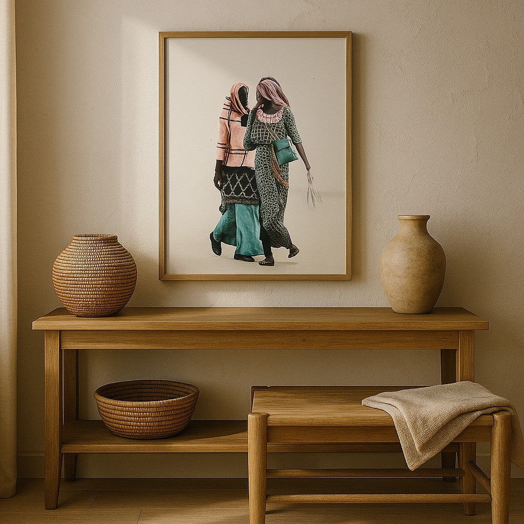 Conversation in an oak frame above a console with woven baskets