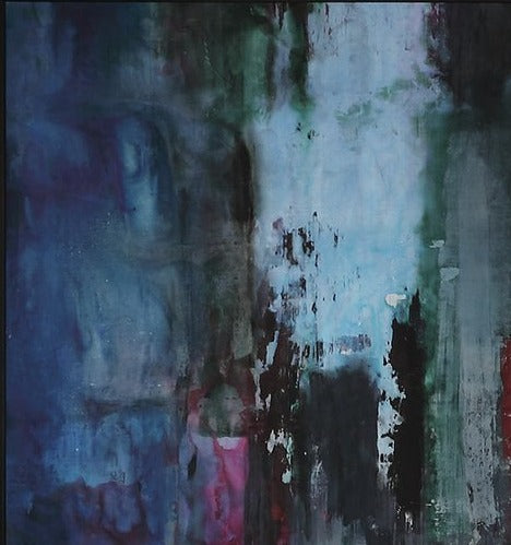 Deep Water, abstract painting in blue, teal and crimson
