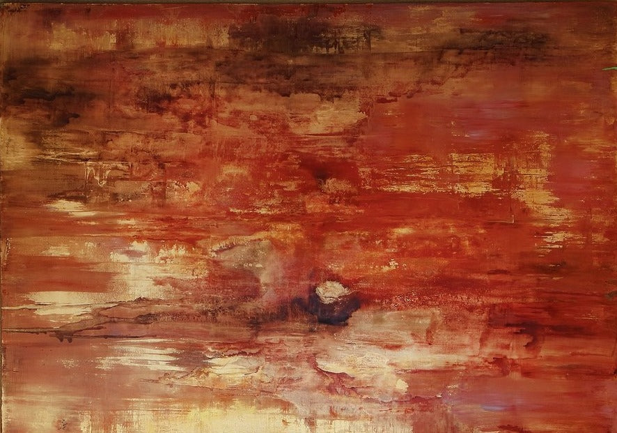 Ember Coast, abstract painting in red, ochre and gold