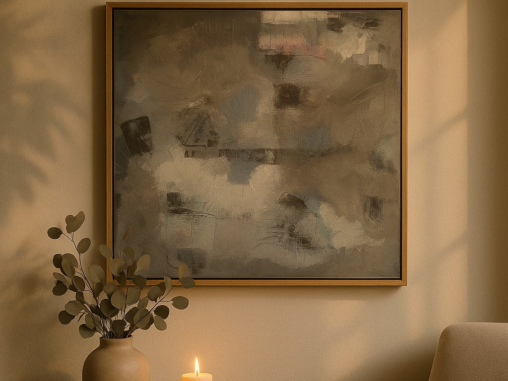 Quiet Ground in an oak frame above a table with a candle and eucalyptus