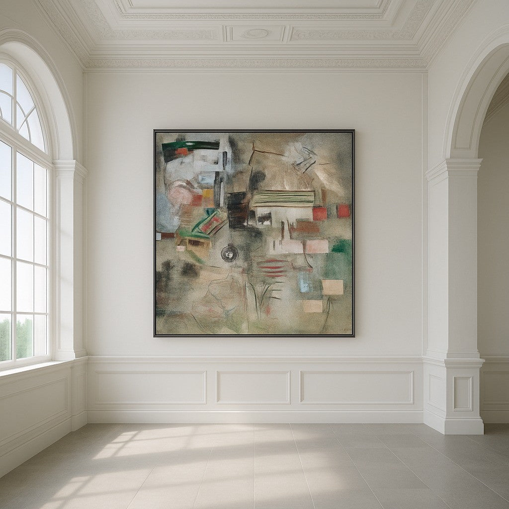 Fragments on a white panelled wall in an arched room