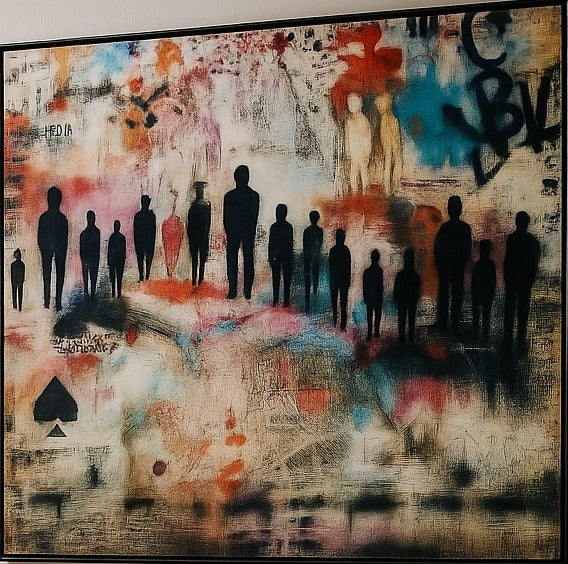 Gathering, mixed media painting of silhouetted figures over layered colour and script