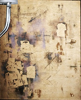Gold Leaf, textured abstract painting in gold leaf with violet and umber marks