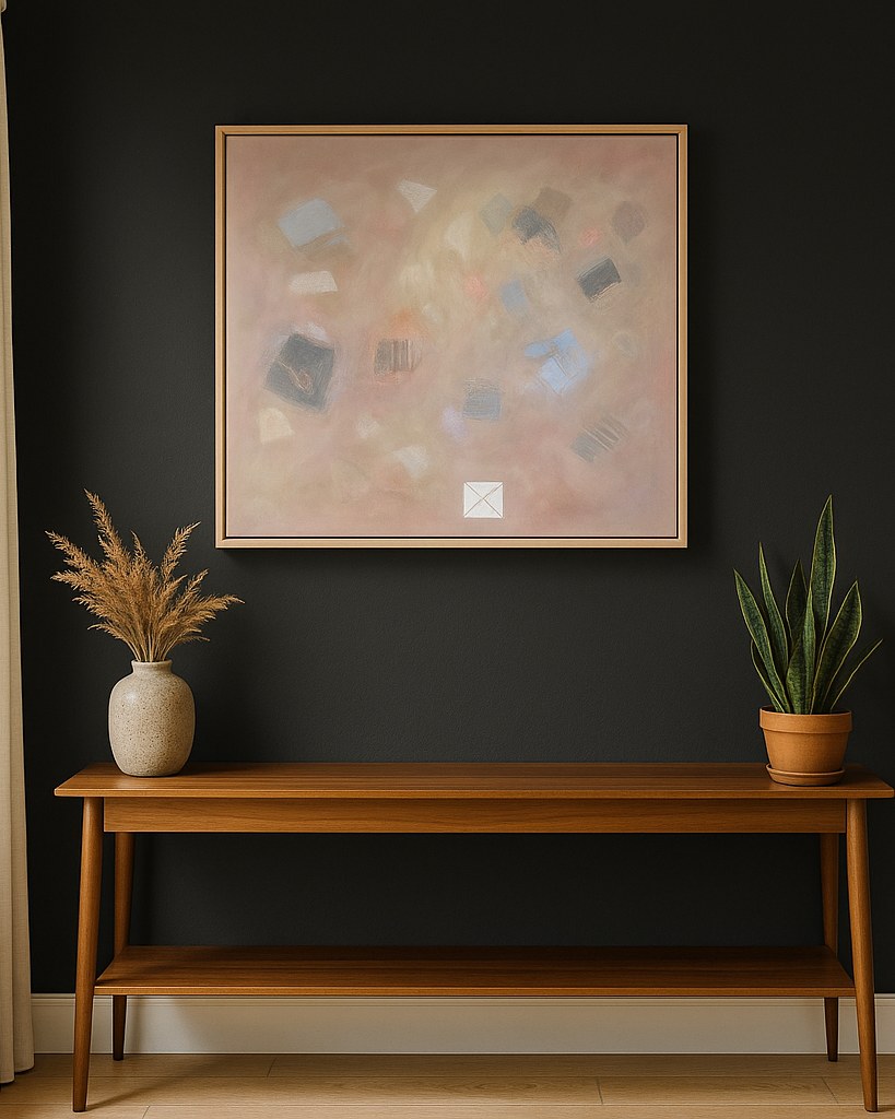 Blush Notes in an oak frame on a black wall above a walnut console