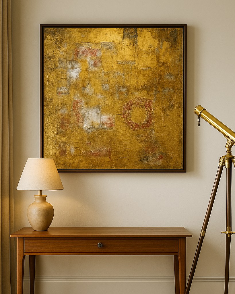 Gilt in a dark frame above a walnut console with a brass lamp