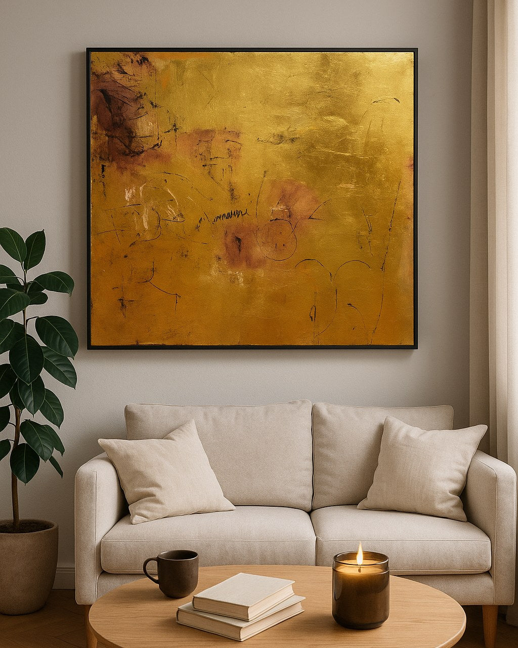 Ochre Light above a linen sofa and an oval oak coffee table