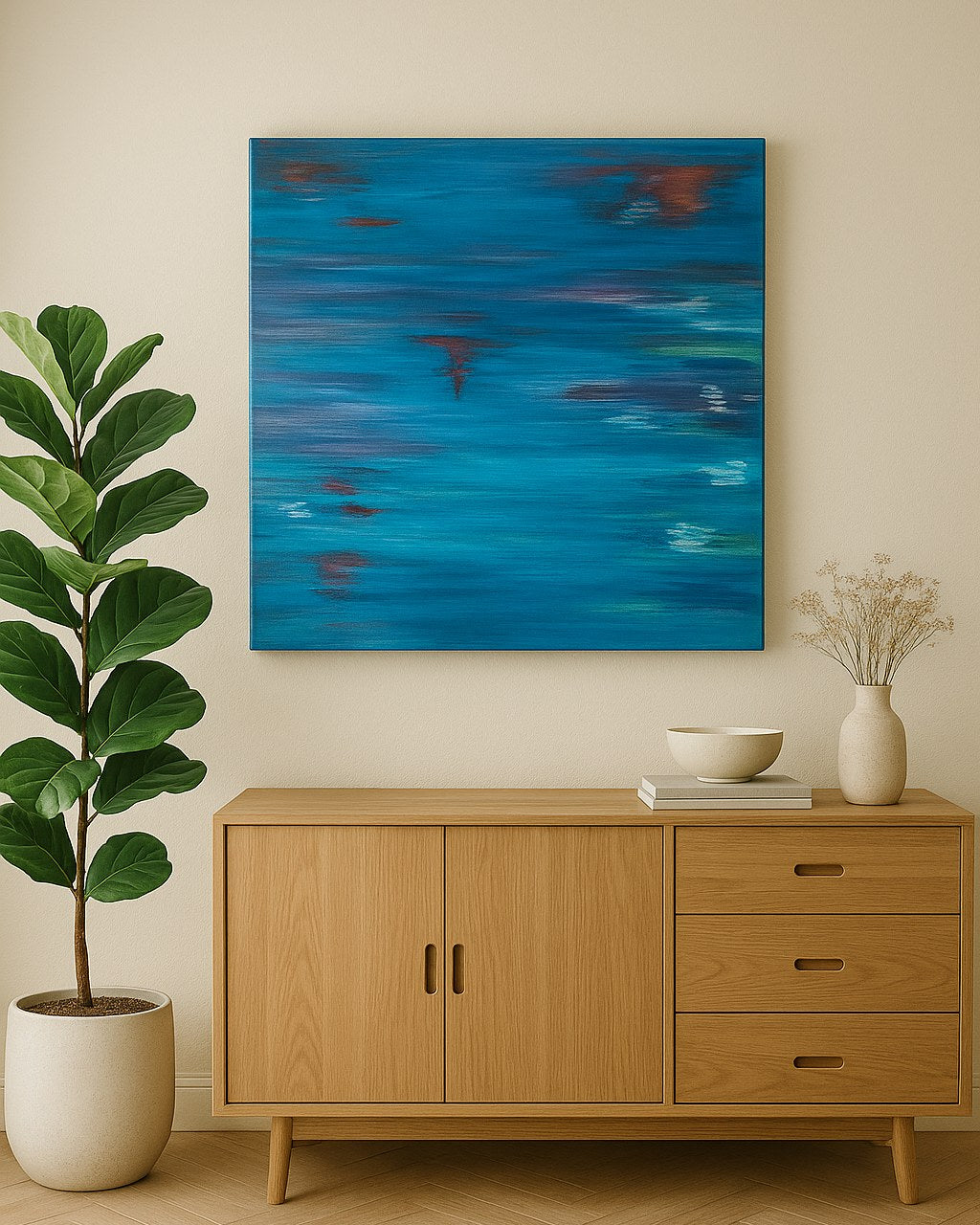 Tidal above an oak sideboard beside a fiddle-leaf fig