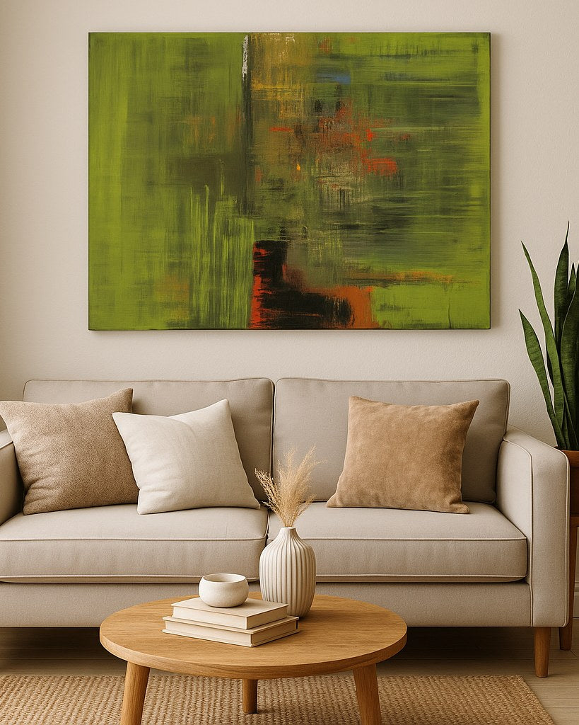 Verdant Field above a linen sofa in a light living room