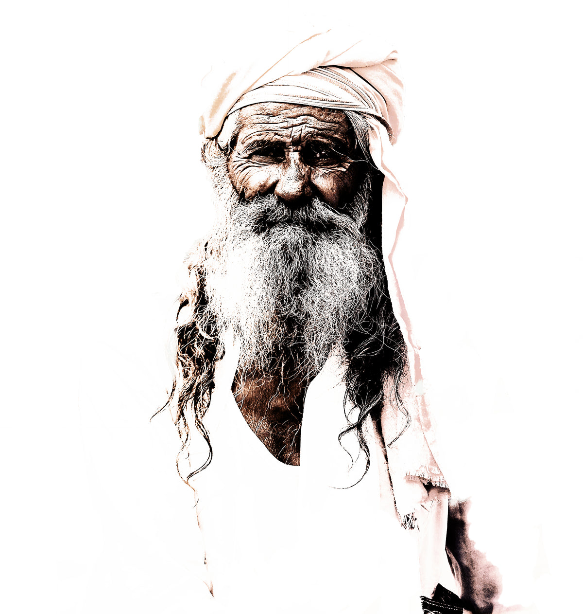 An old man with a white beard and turban, photograph by Andrea Bowman
