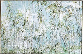 Riverbank, abstract painting in pale green, blue and white