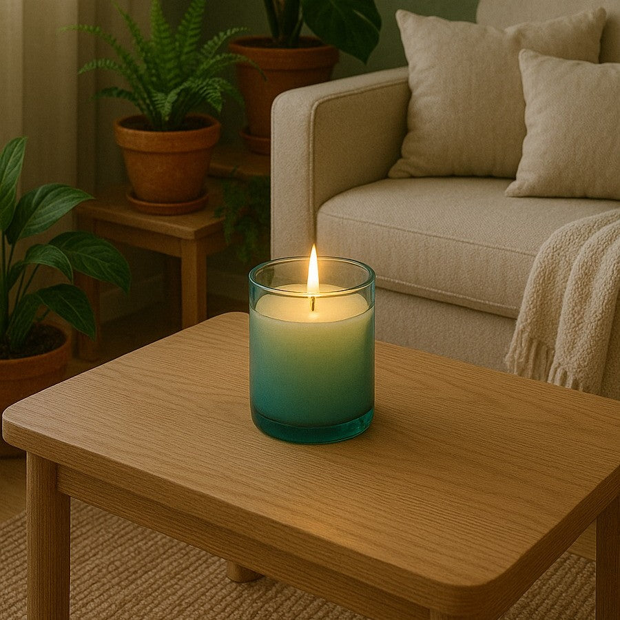 Sea glass candle lit on an oak side table beside a linen sofa