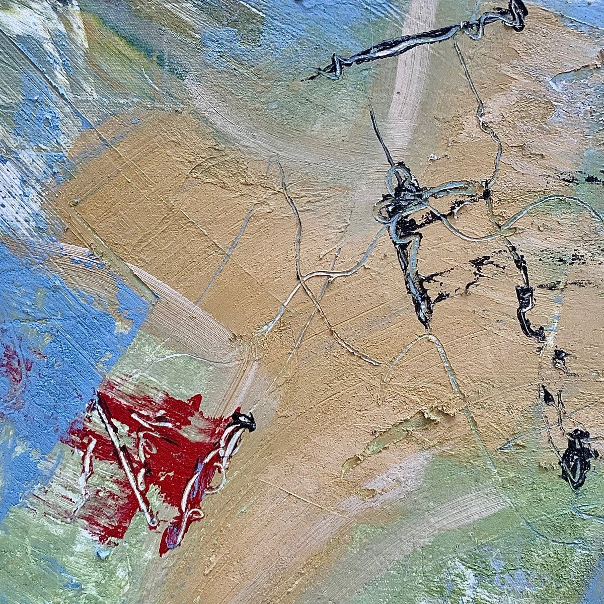 Close-up of thick, layered paint in blue, ochre and green