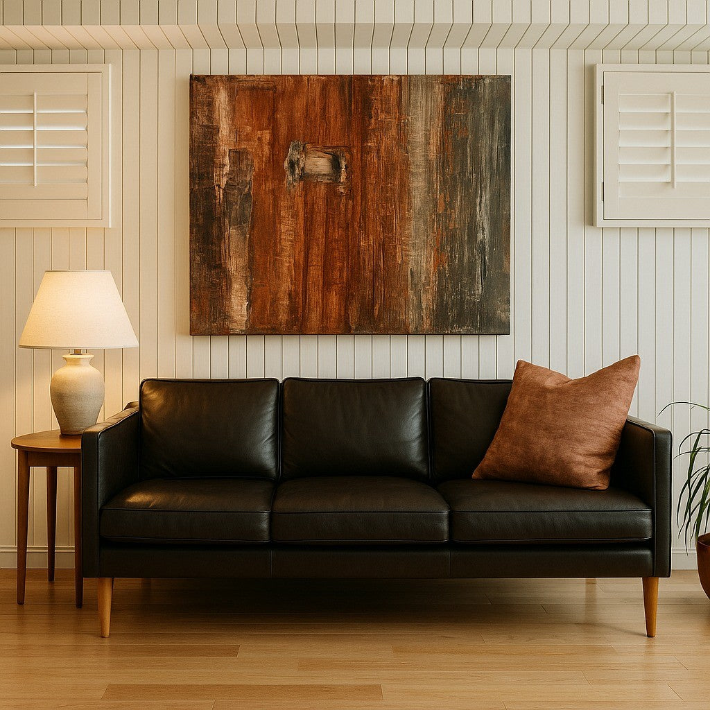 Weathered above a black leather sofa on a white panelled wall