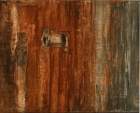 Weathered, abstract painting in rust, umber and charcoal with a small inset panel